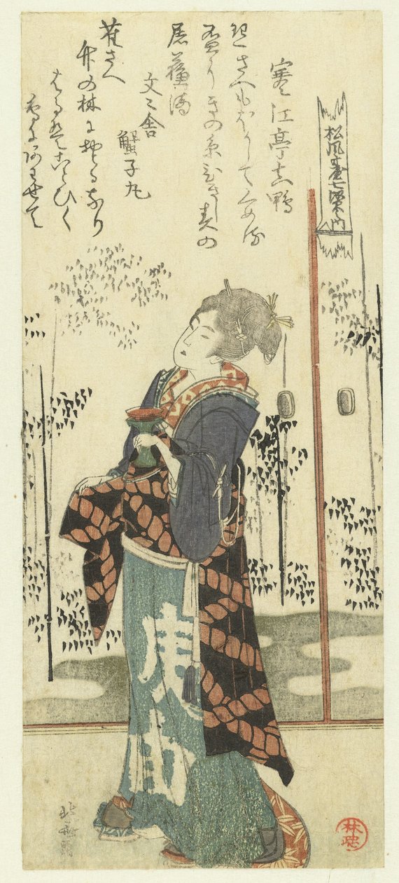 Mulher com taça de vinho de arroz
Os sete caminhos da floresta de bambu para a associação dos poetas Shôfûdai (título da série)
Shôfûdai shichiken no uchi (título da série sobre o objecto) de Katsushika Hokusai