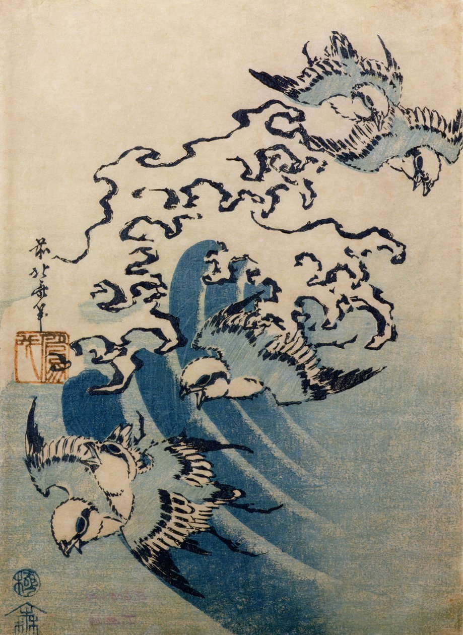 Ondas e pássaros, c.1825 (impressão em xilogravura a cores) de Katsushika Hokusai