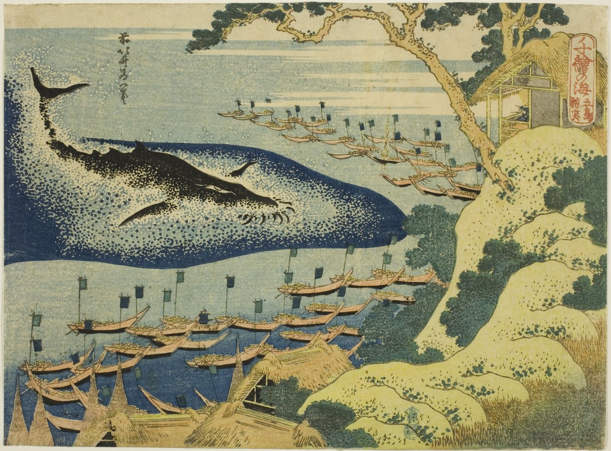 Baleação na costa das ilhas Goto (Goto kujira tsuki), da série "Mil Imagens do Oceano (Chie no umi)" de Katsushika Hokusai