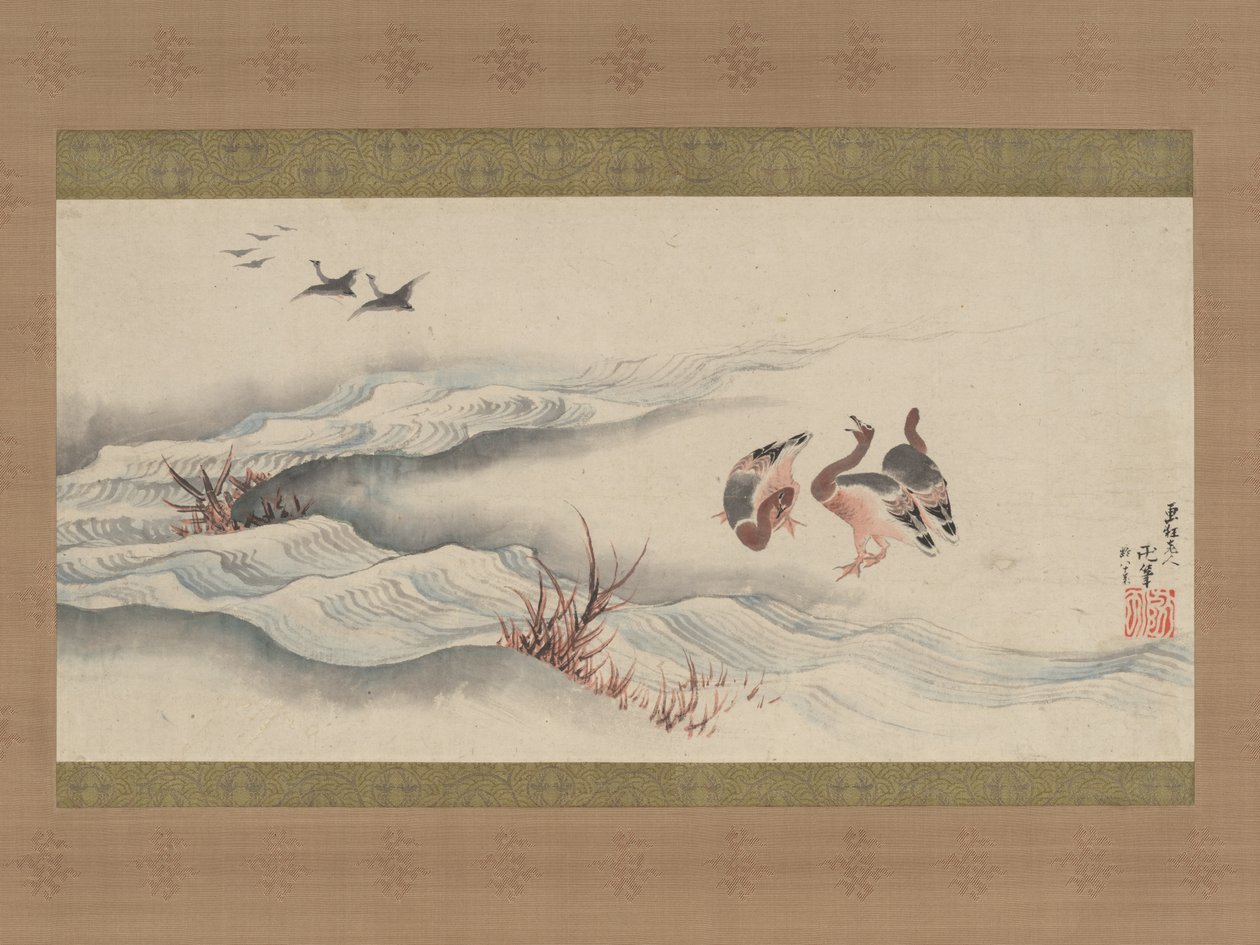 Gansos selvagens e água de Katsushika Hokusai