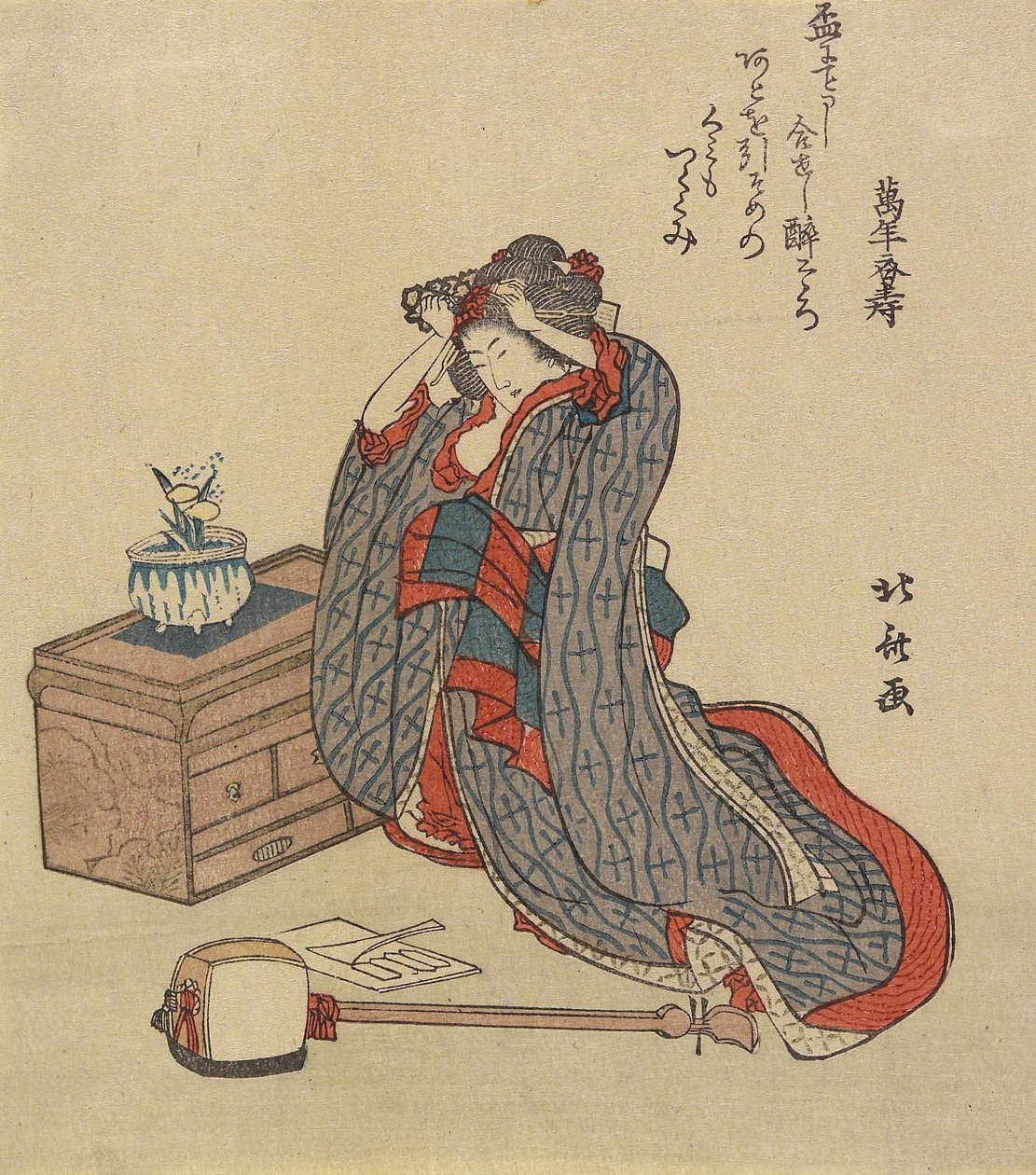 Mulher consertando o cabelo dela, 1797-1819 de Katsushika Hokusai