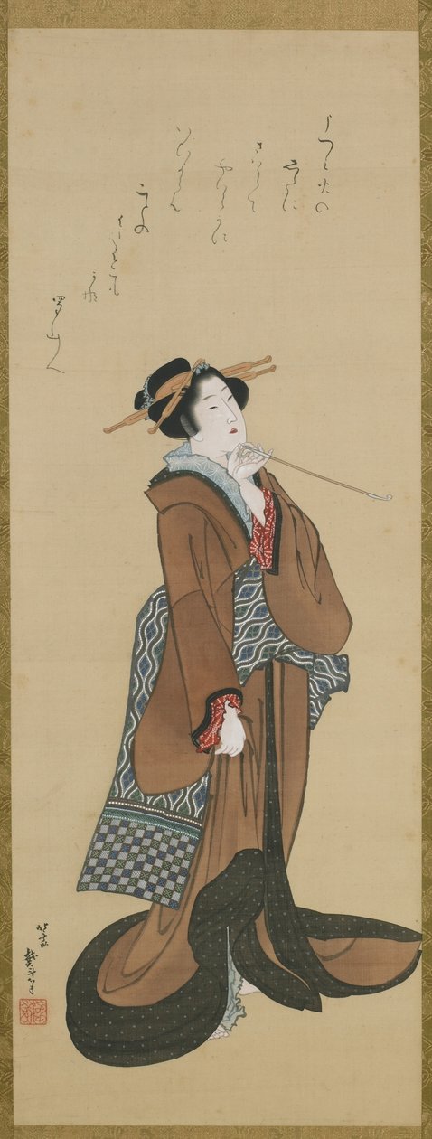 Mulher, segurando, um, tabaco tabaco, Edo, período, c.1814-15, (ink, e, cor, ligado, silk) de Katsushika Hokusai