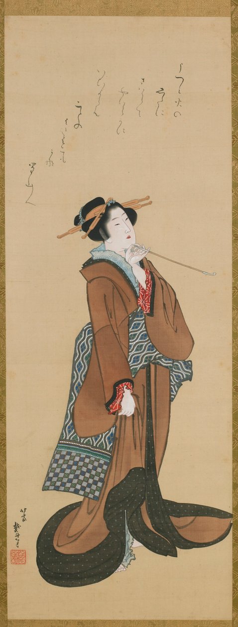 Mulher segurando um cachimbo de tabaco, ca. 1814-1815. de Katsushika Hokusai