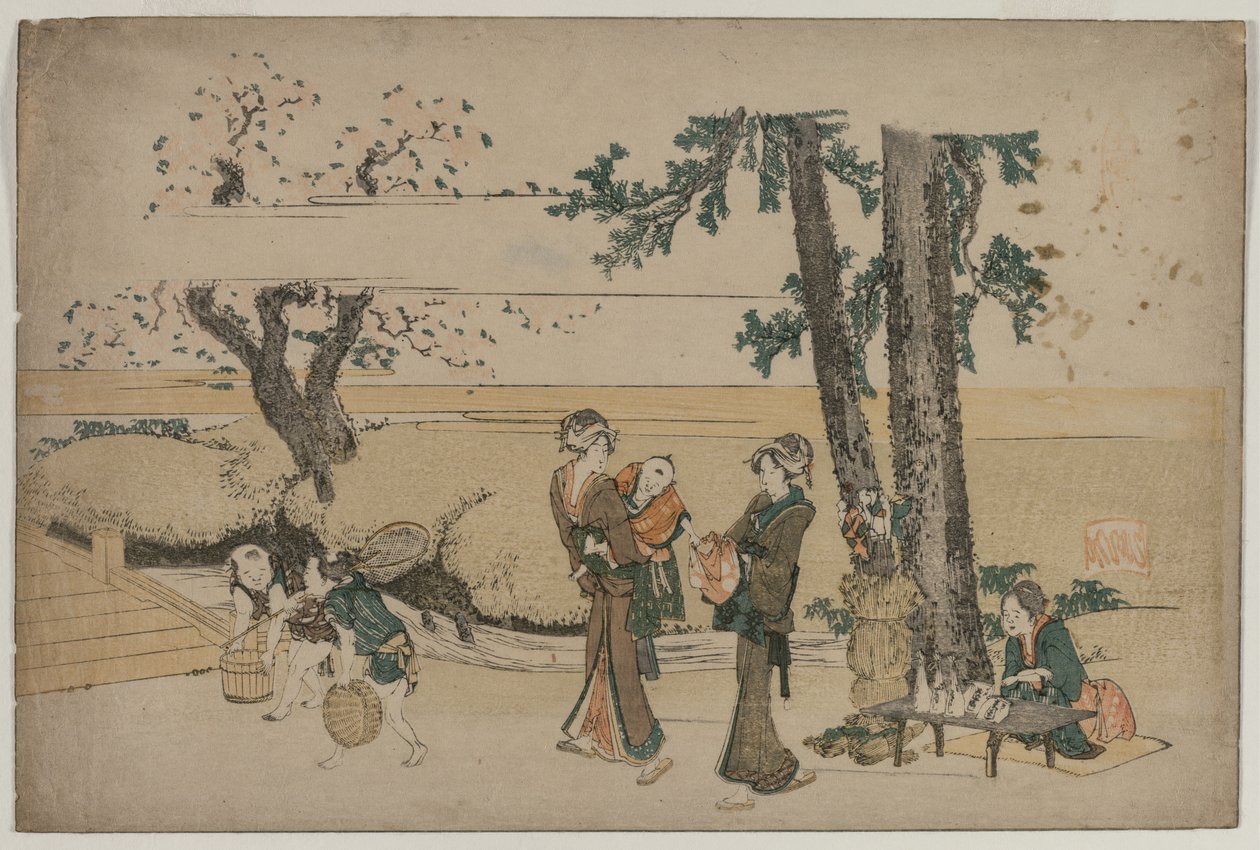 Mulher passando por uma loja de beira de estrada perto de Oji de Katsushika Hokusai