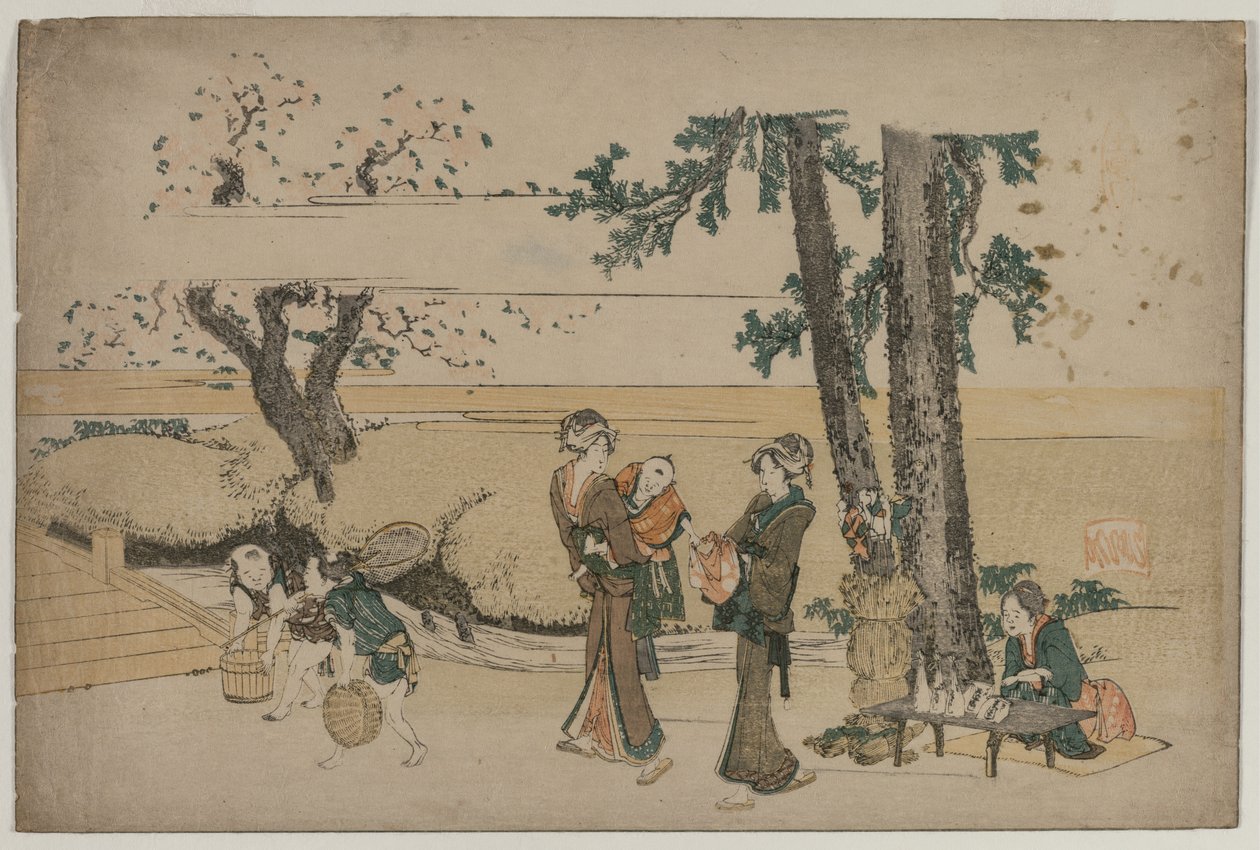 Mulher passando uma loja na estrada perto de Oji, início do século XIX. de Katsushika Hokusai