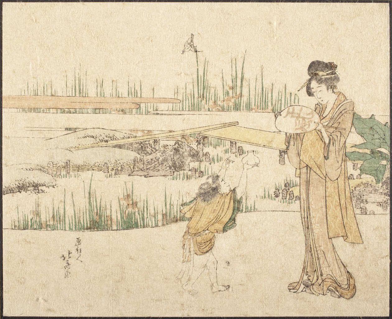 Mulher e criança num jardim; fragmento de «O vendedor de peixes dourados» de Katsushika Hokusai