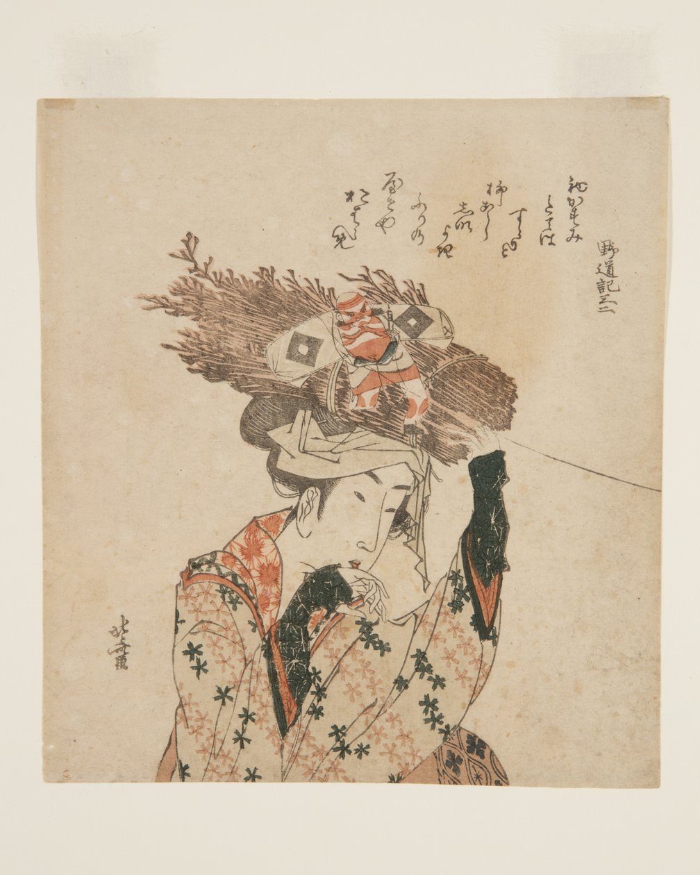 Mulher de ?hara com feixe de lenha e pipa (impressão em bloco de madeira colorida) de Katsushika Hokusai