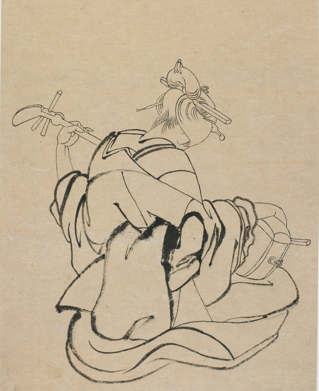 Mulher de costas para o observador jogando samisen, final do século 18 e início do século 19. de Katsushika Hokusai
