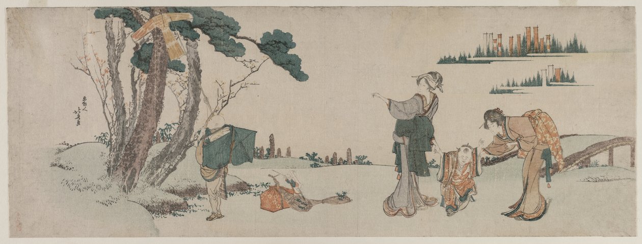 Mulheres distraindo uma criança cuja pipa está presa em uma árvore de Katsushika Hokusai