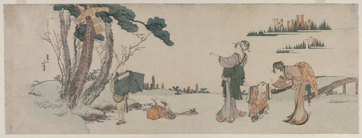 Mulheres que distraem uma criança cuja pipa é apanhada em uma árvore, c. 1800. de Katsushika Hokusai