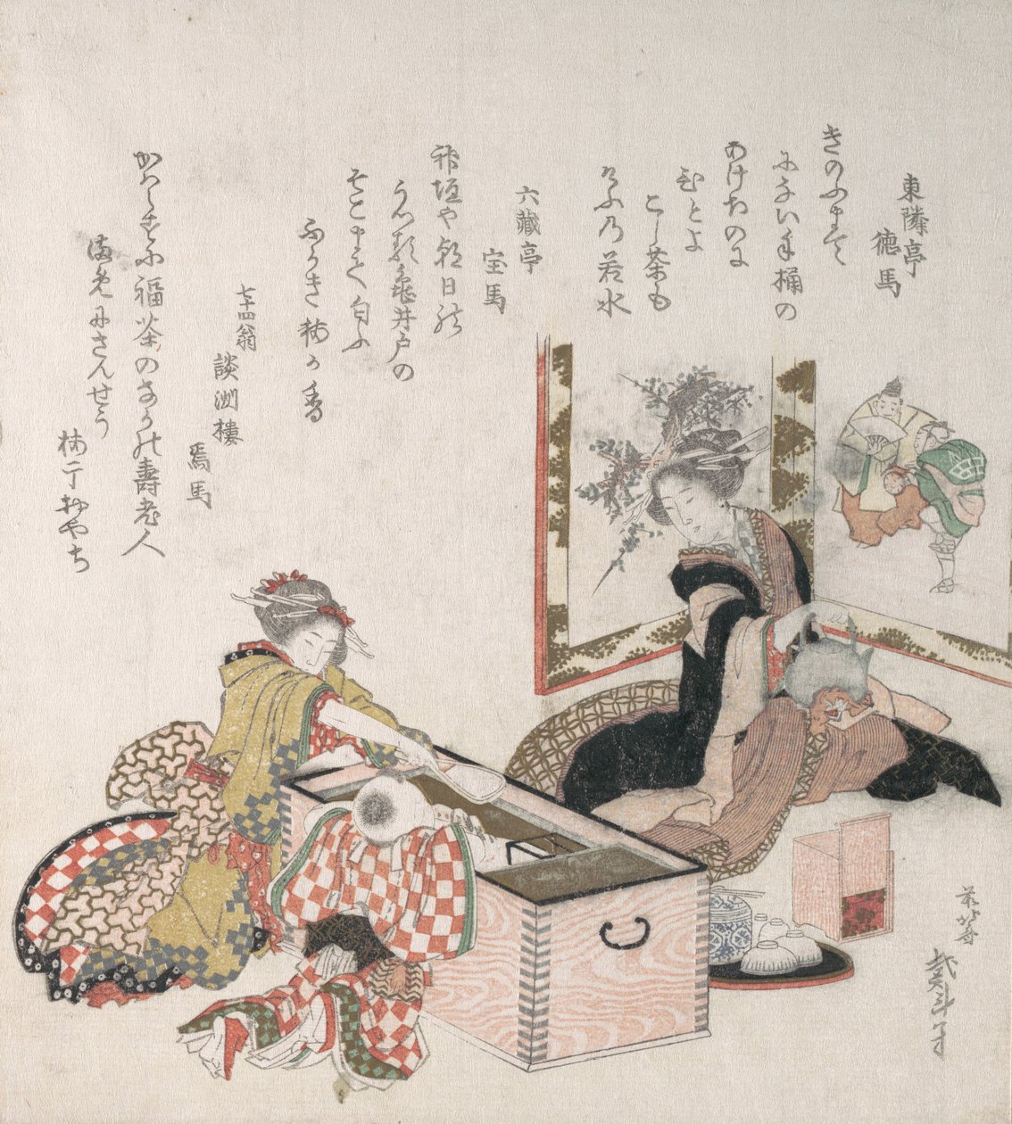 Mulheres preparando chá ao redor do porta-fogos, 1816. de Katsushika Hokusai