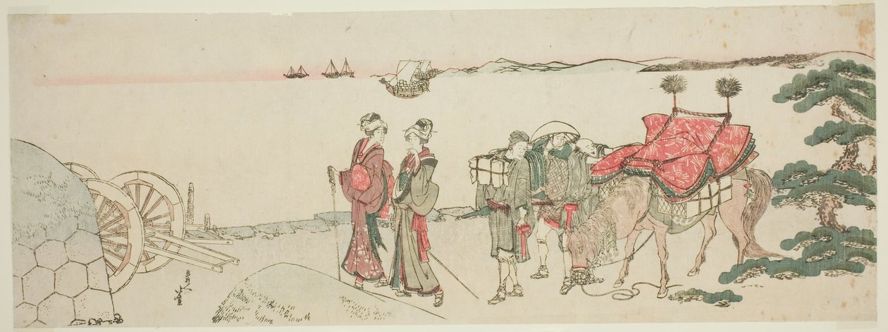 Mulheres e acompanhantes na praia de Tanakawa de Katsushika Hokusai
