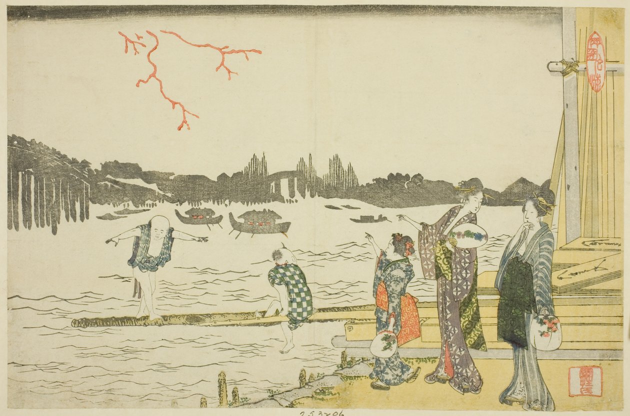 Mulheres e crianças vendo os fogos de artifício de Katsushika Hokusai