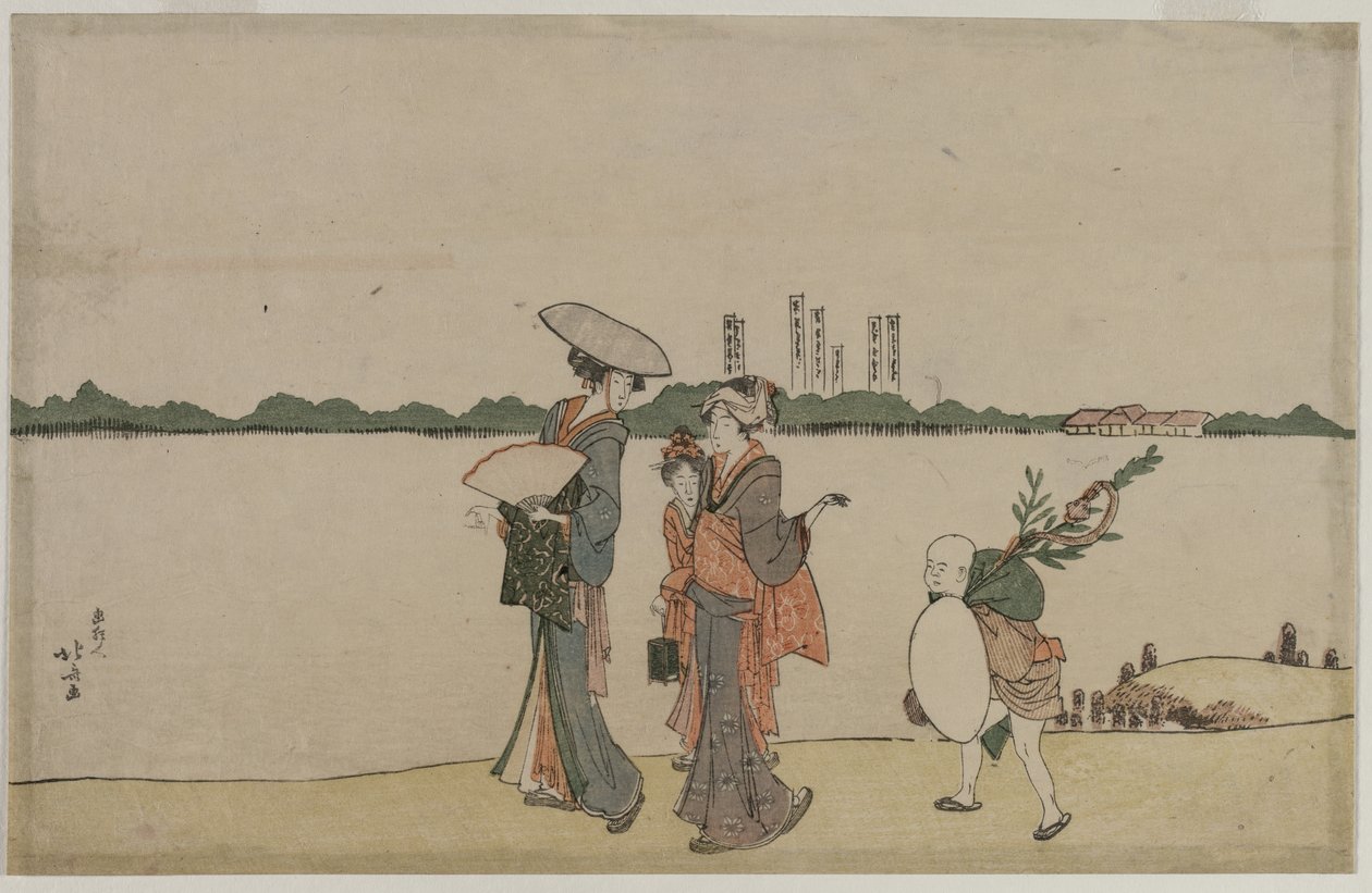 Mulheres e crianças caminhando ao longo do rio Sumida de Katsushika Hokusai