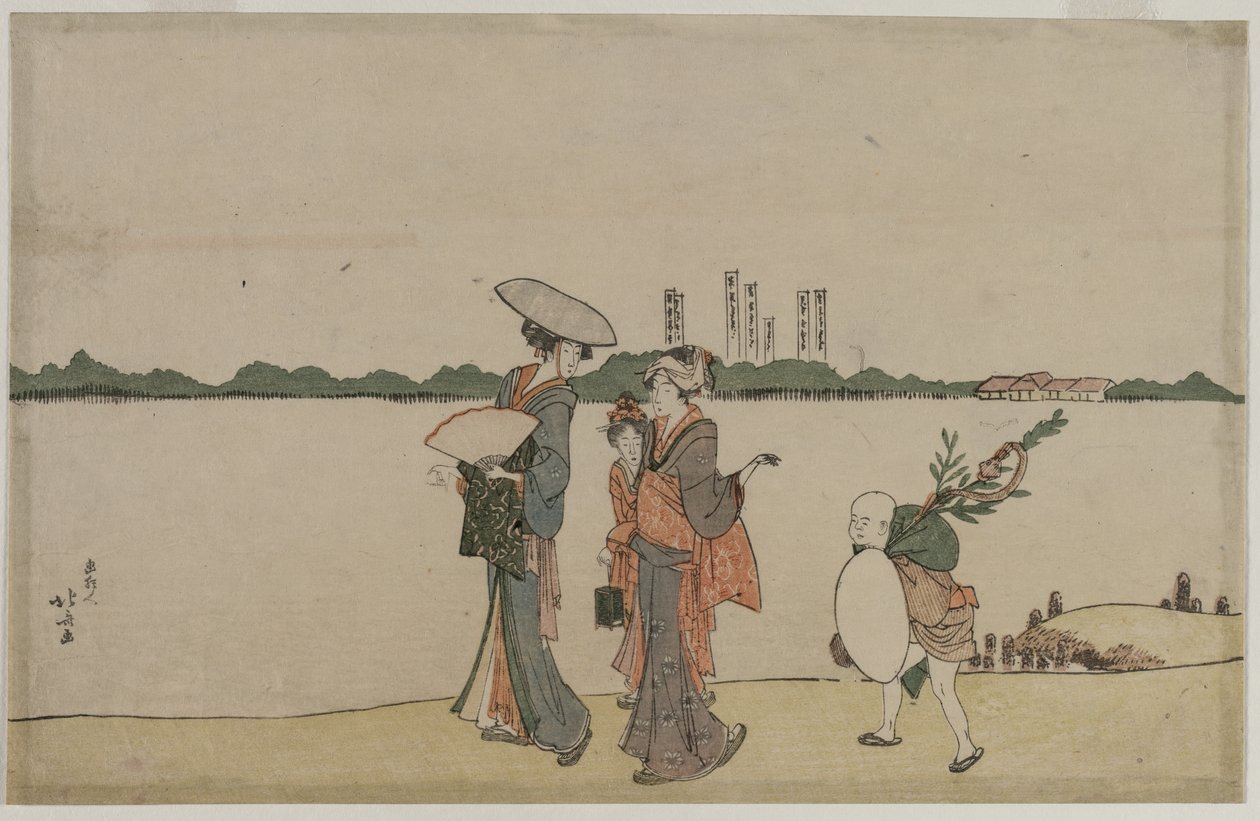 Mulheres e crianças caminhando ao longo do rio Sumida, no início do século XIX. de Katsushika Hokusai