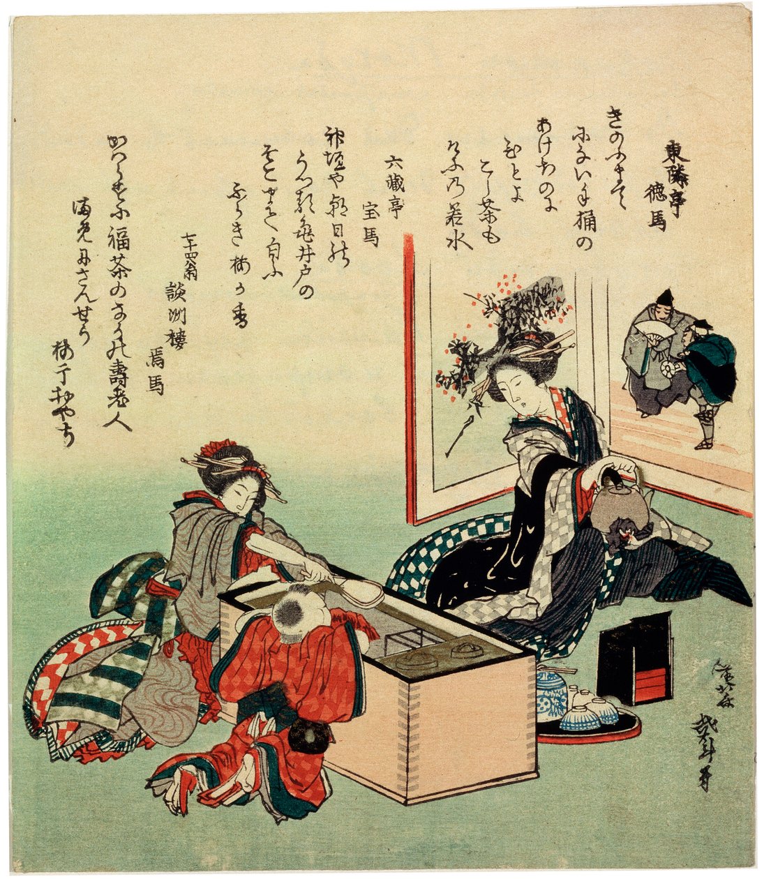 Mulheres e um menino, pelo braseiro Hibachi, 1816. de Katsushika Hokusai