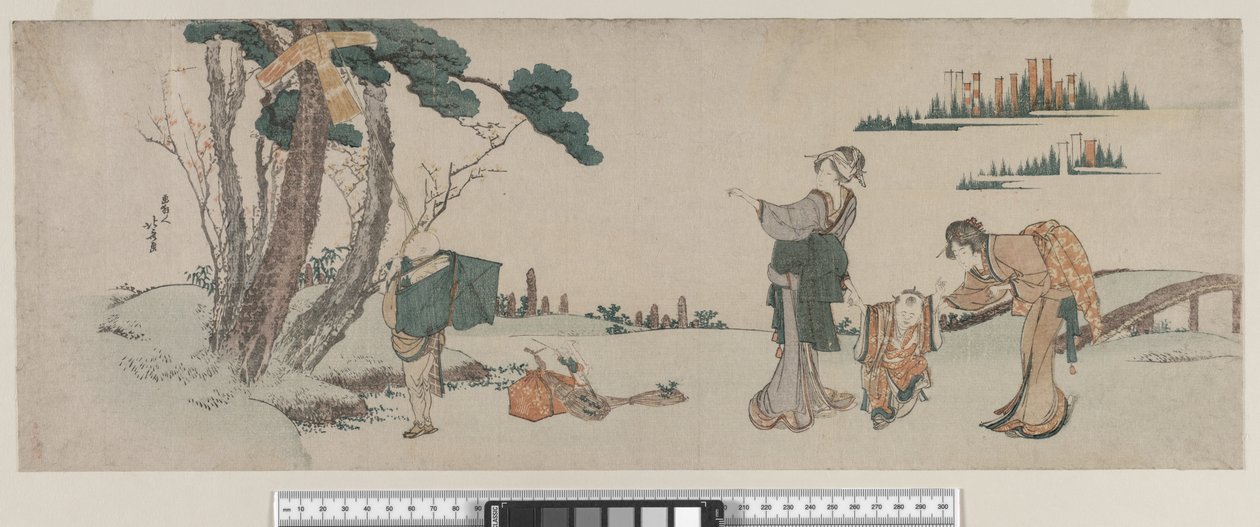 Mulheres que distraem uma criança cuja pipa é apanhada em uma árvore, período Edo, c.1800 de Katsushika Hokusai