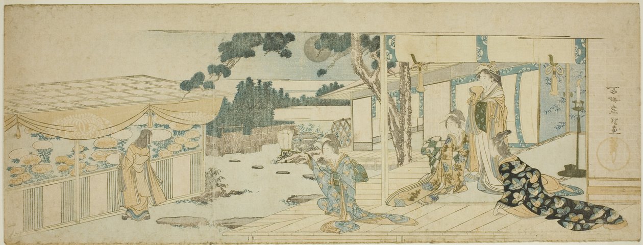 Mulheres na varanda a olhar para uma rapariga a apanhar flores de Katsushika Hokusai