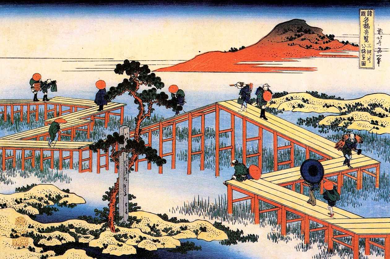 Yatsuhashi na província de Mikawa, c1835. de Katsushika Hokusai