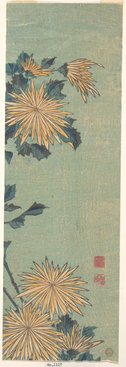Crisântemos amarelos sobre um fundo azul de Katsushika Hokusai