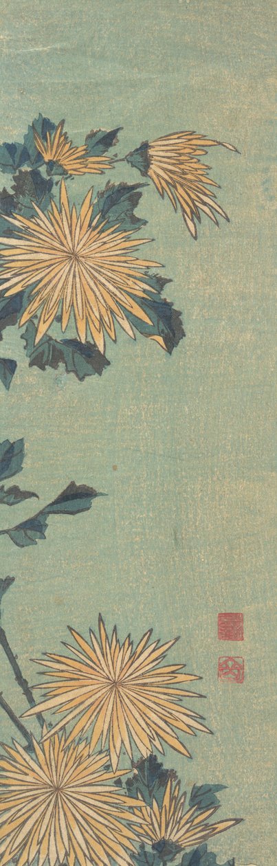 Crisântemos amarelos em um chão azul, ca. 1825. de Katsushika Hokusai
