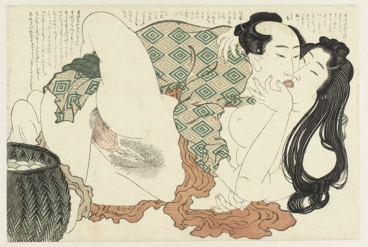 Beijando pescador e mergulhador A planta Adonis (título da série) Fukujuso (título da série) de Katsushika Hokusai