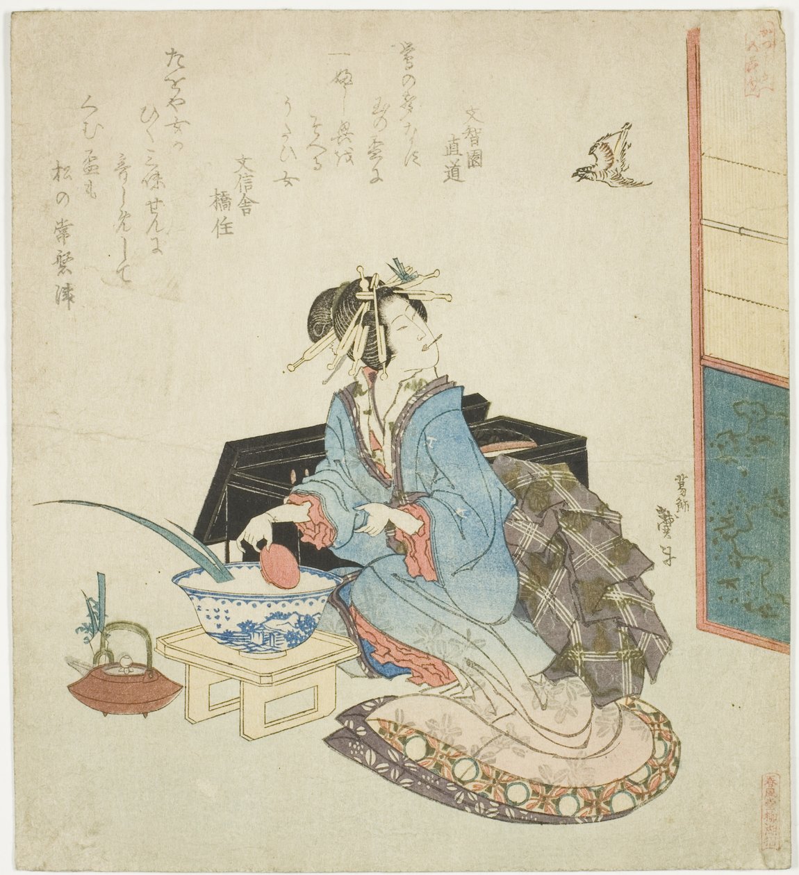 Gueixa olhando para um cuco, da série "Five Annual Festivals for the Katsushika Circle (Katsushika gosekku)" de Katsushika Taito II