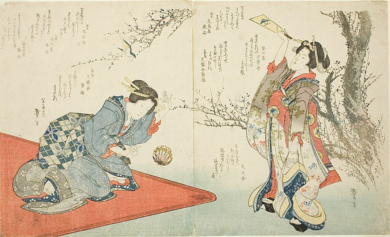 Duas mulheres a jogar peteca de Katsushika Taito II