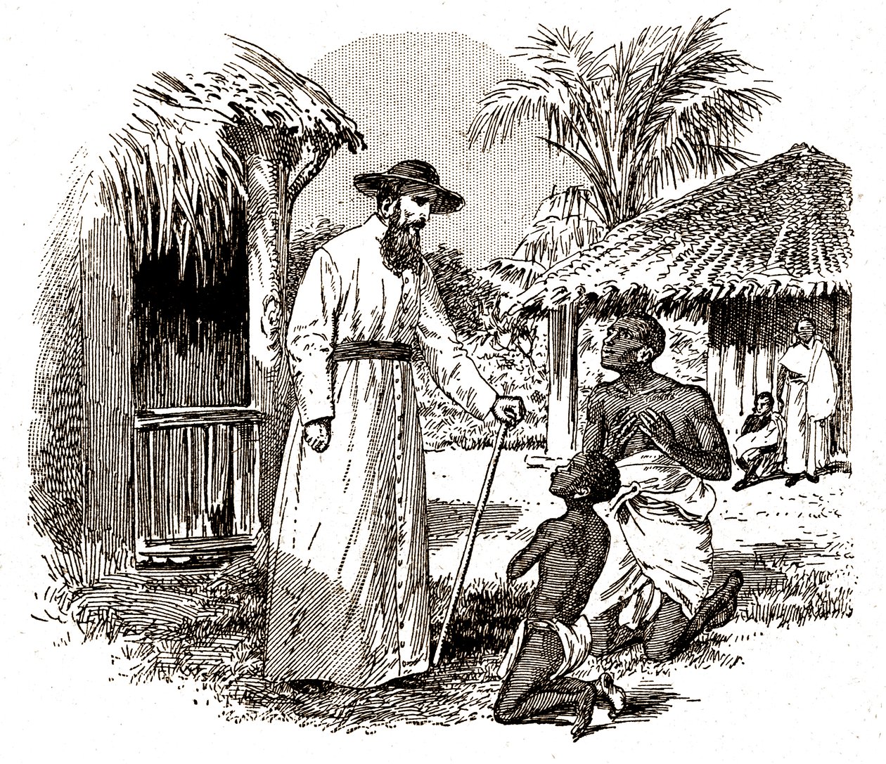 Um missionário católico na África praticando uma conversão em uma criança e seu pai, c.1900 (gravura) de Alec Hunter