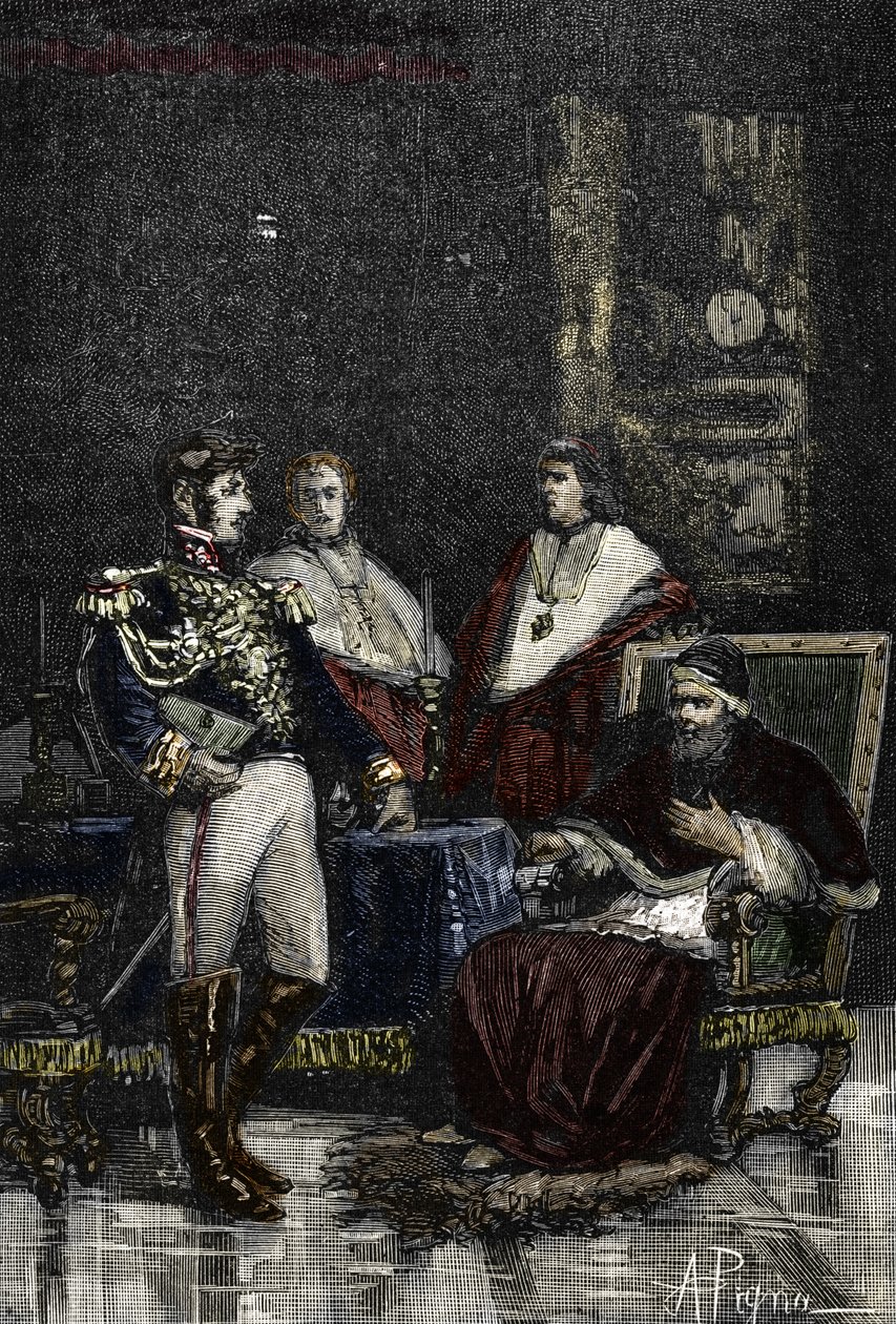 O general Cervoni convocou o Papa Pio VI a abdicar de sua soberania temporal em 1798. 1882 (Gravura) de Alec Hunter