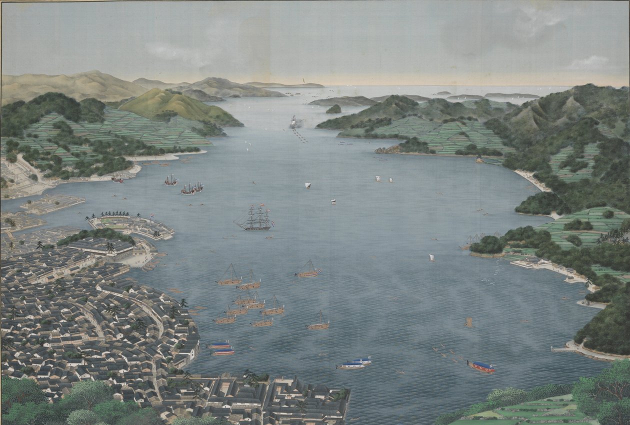 Porto de Nagasaki, c.1800-50 (pintura de seda) de Kawahara Keiga
