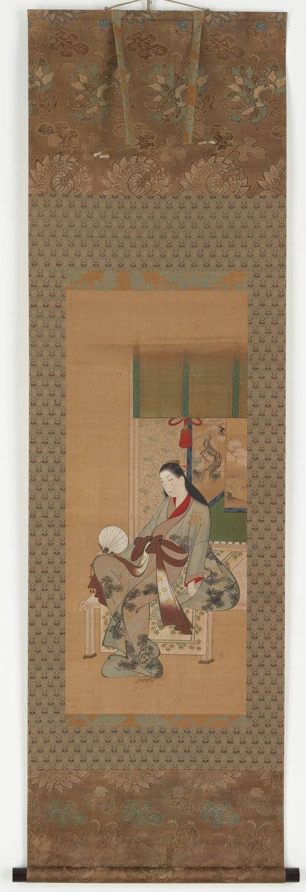 Uma menina sentada em uma varanda, período Edo, século 18. de Kawamata Tsuneyuki
