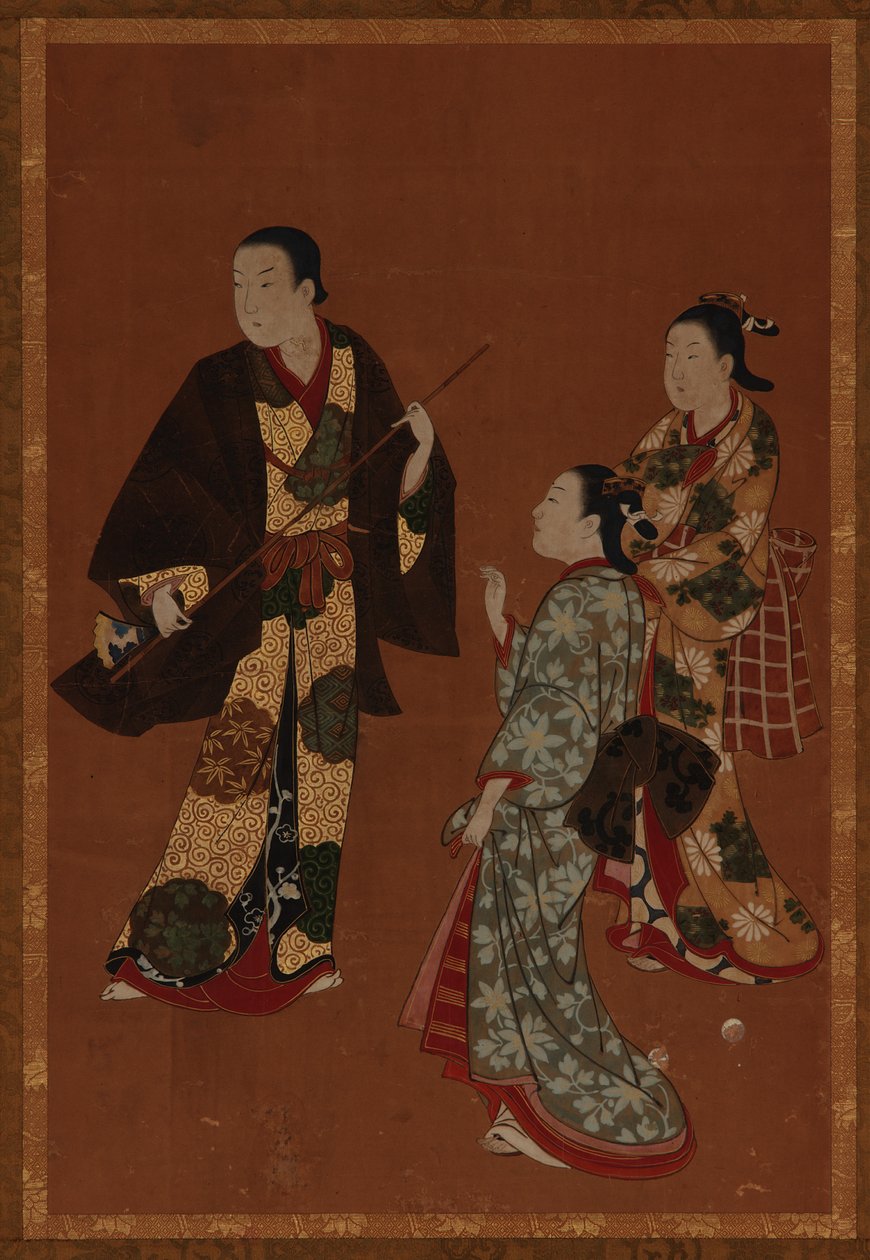 Um homem, possivelmente um ator, e duas meninas, período Edo, século XVIII. de Kawamata Tsuneyuki