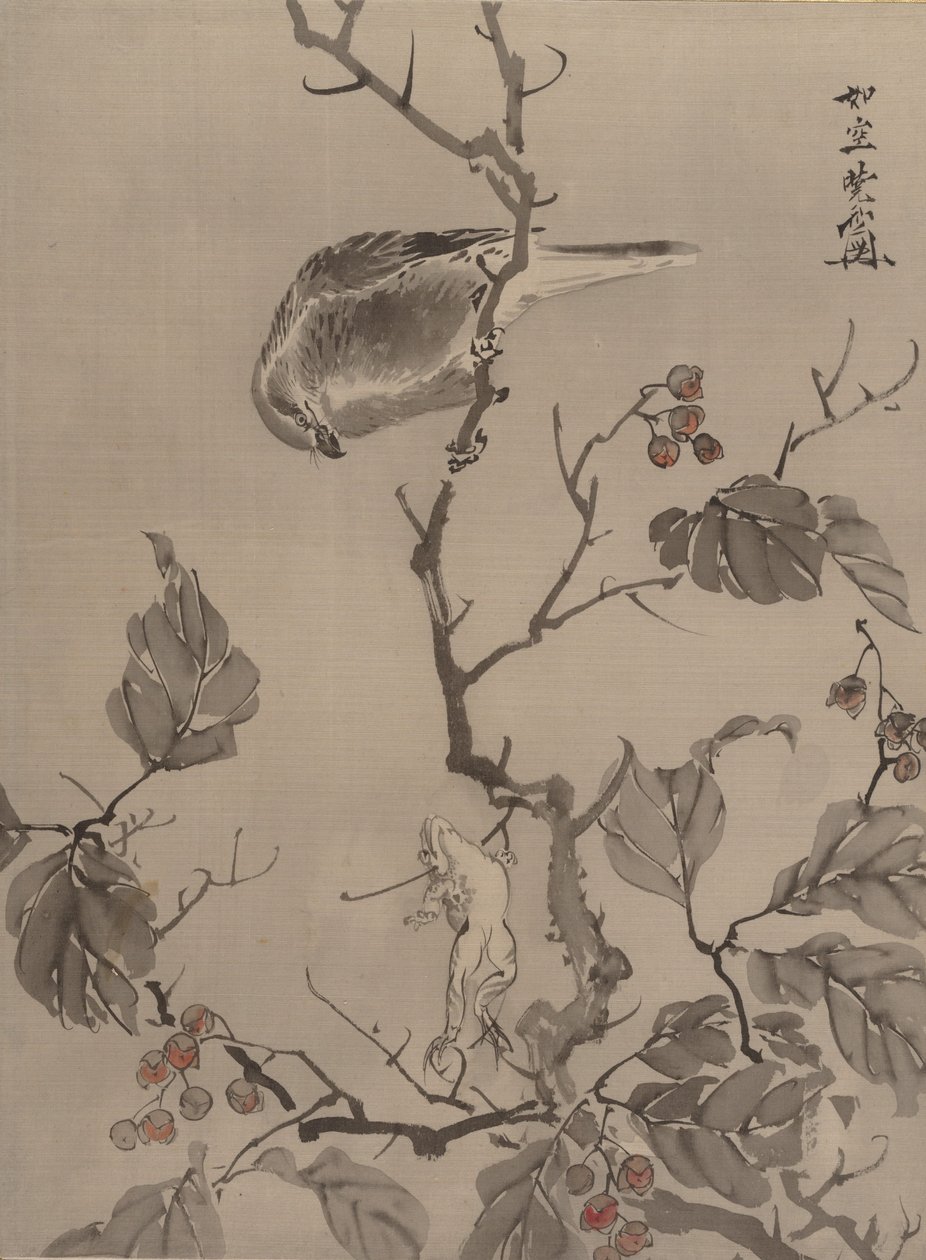 Pássaro e sapo, ca. 1887 de Kawanabe Kyosai