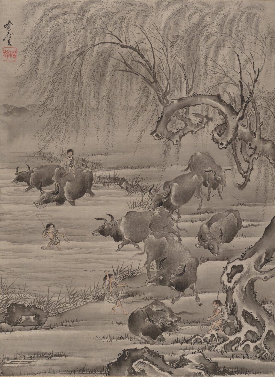 Buffalo e pastor, ca. 1887 de Kawanabe Kyosai