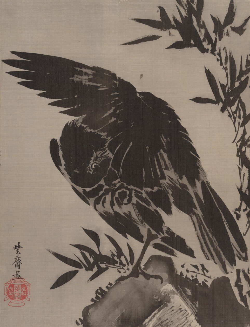 Corvo em uma rocha, ca. 1887 de Kawanabe Kyosai