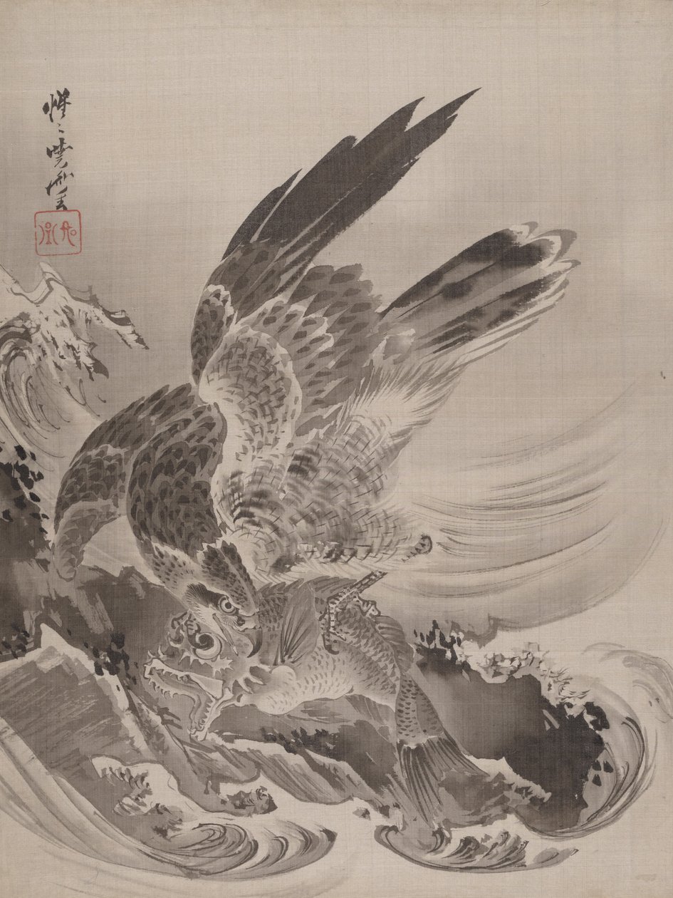 Águia atacando peixe, ca. 1887 de Kawanabe Kyosai