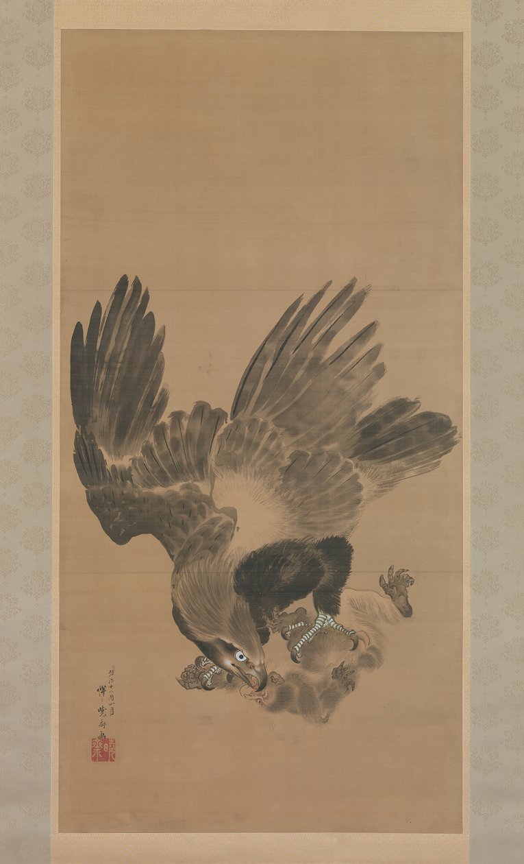 Águia atacando um macaco, 1885. de Kawanabe Kyosai