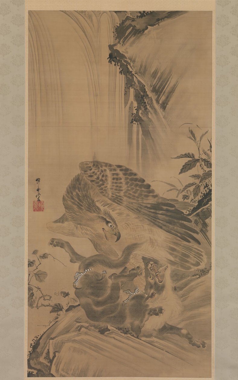 Águia atacando um leão da montanha, 1885. de Kawanabe Kyosai