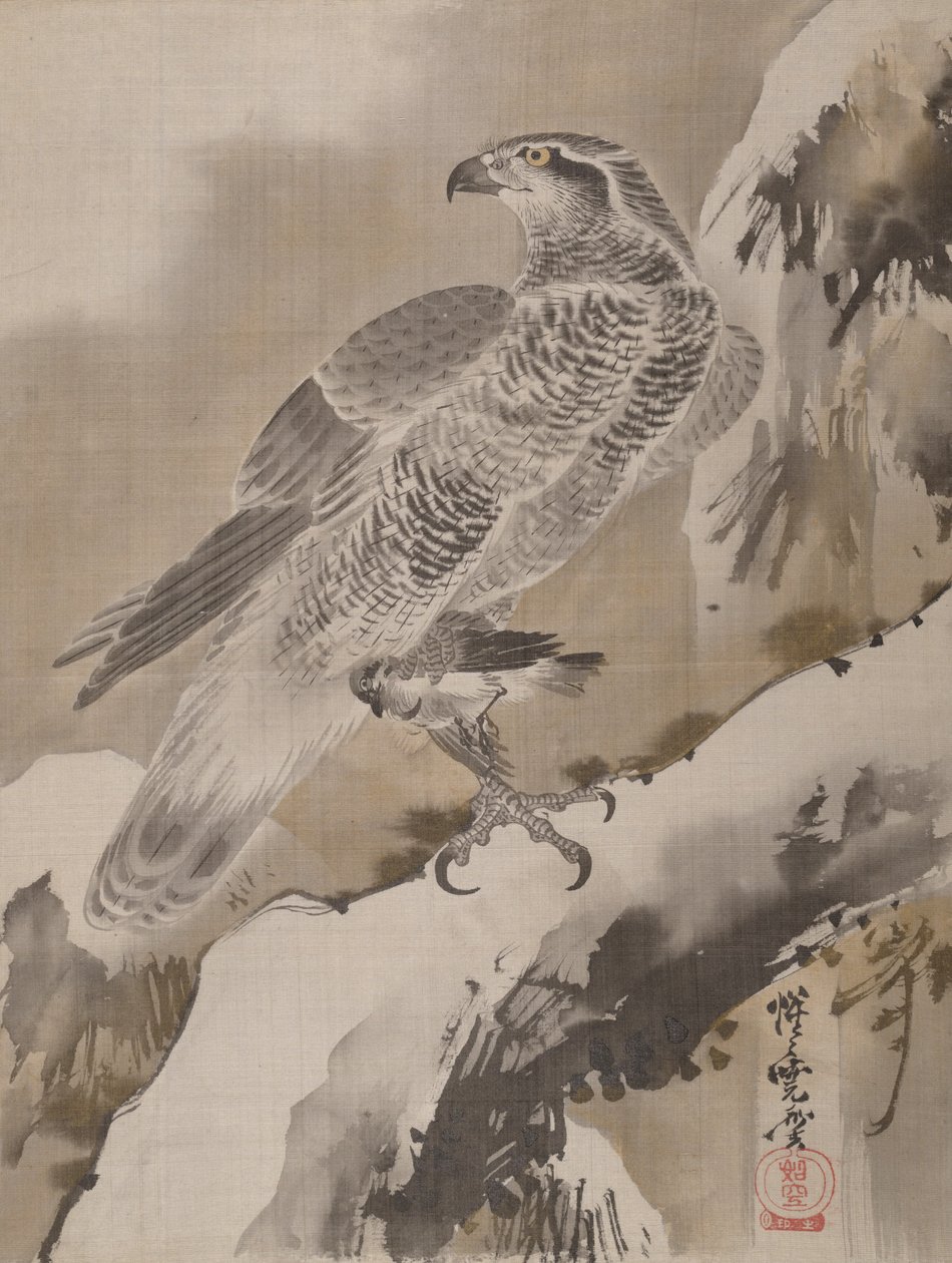 Águia segurando pássaro pequeno, ca. 1887 de Kawanabe Kyosai