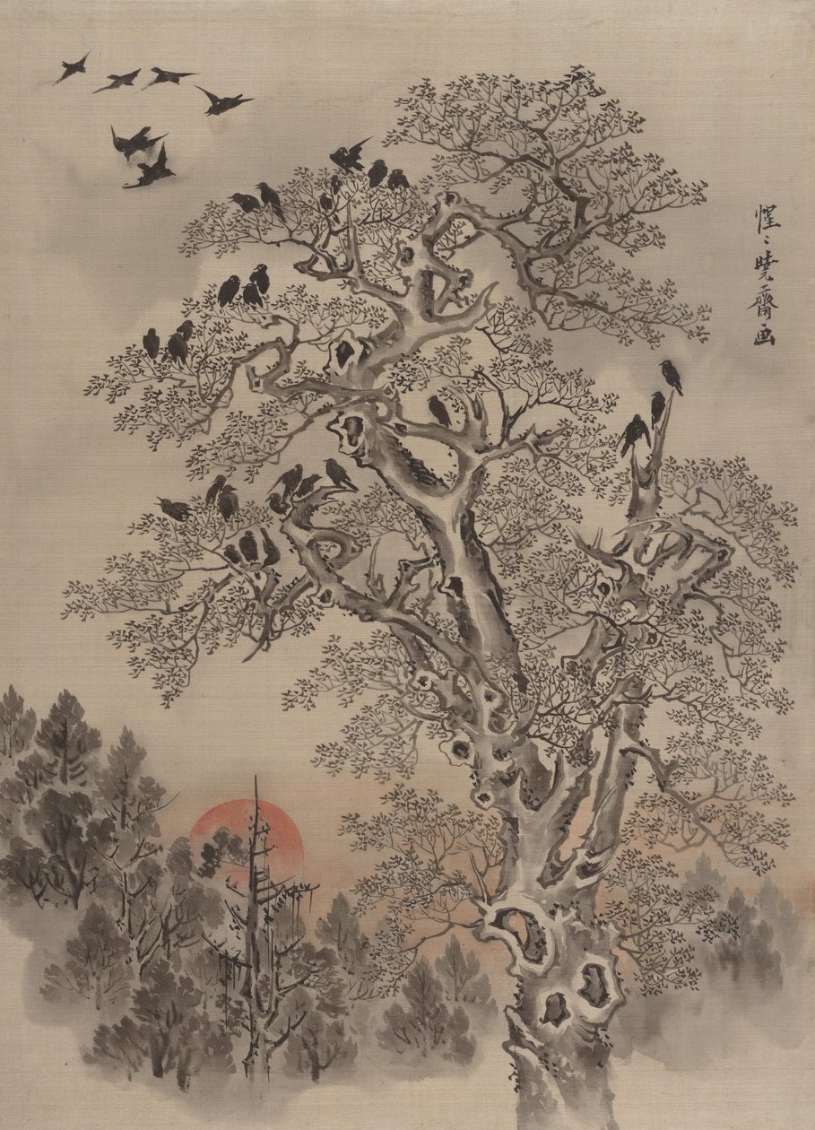 Bando de corvos ao amanhecer, ca. 1887 de Kawanabe Kyosai