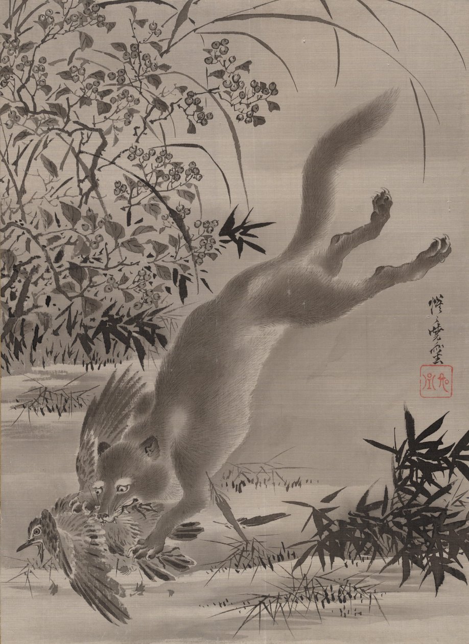 Raposa captura pássaro, ca. 1887 de Kawanabe Kyosai