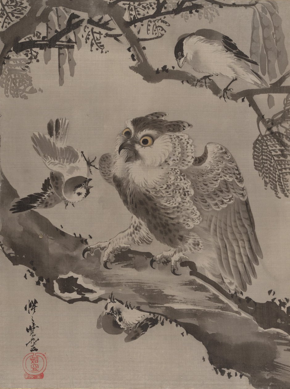 Coruja zombada por pequenos pássaros, ca. 1887 de Kawanabe Kyosai