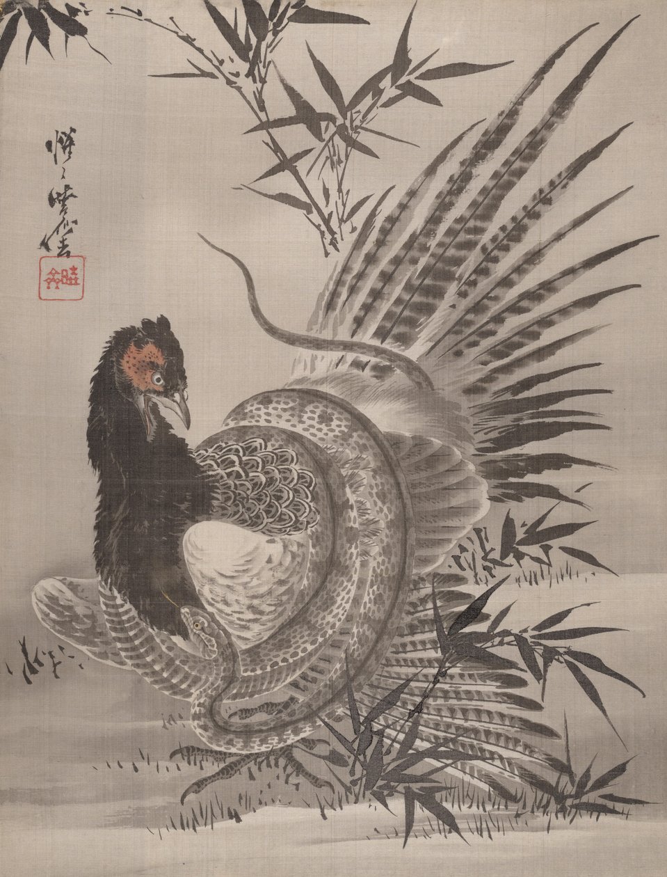 Faisão capturado por uma cobra, ca. 1887. de Kawanabe Kyosai