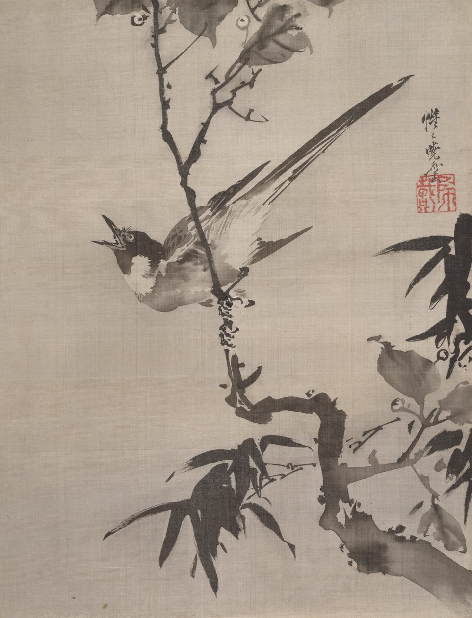 Pássaro cantando em um galho, ca. 1887 de Kawanabe Kyosai
