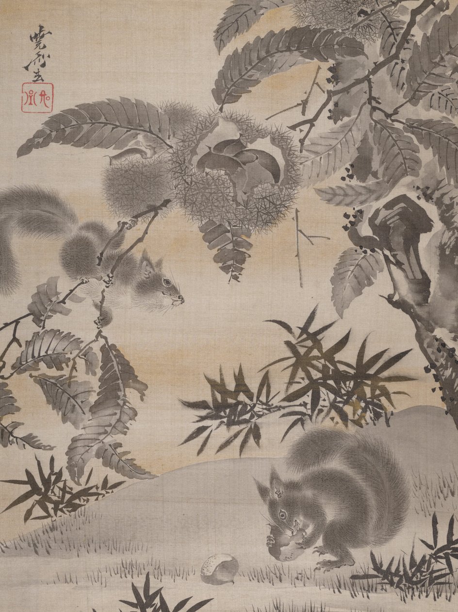 Esquilos que colhem castanhas, ca. 1887 de Kawanabe Kyosai