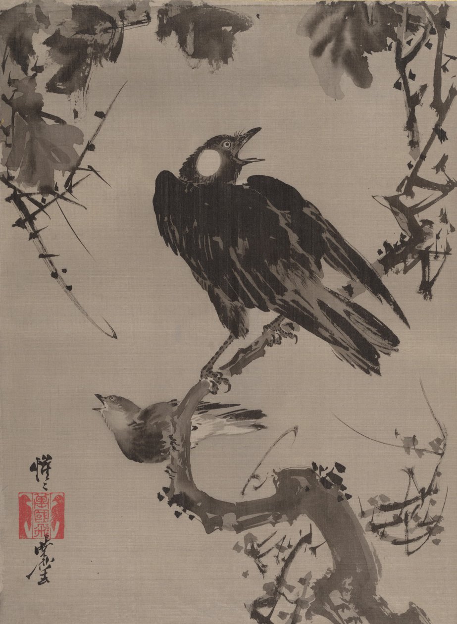 Estorninhos em um galho, ca. 1887 de Kawanabe Kyosai