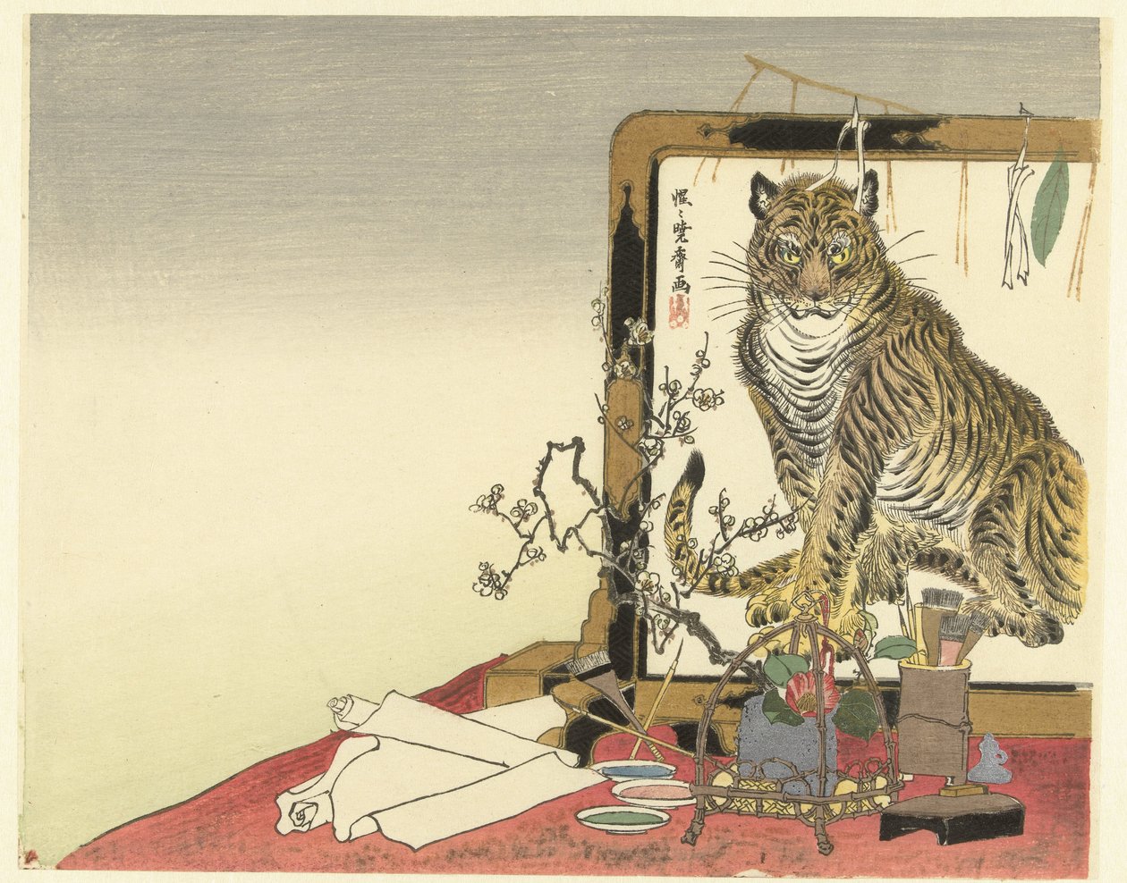 Natureza morta com utensílios de pintura e tela dobrável de Kawanabe Kyosai