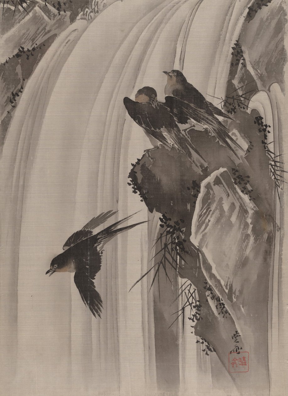 Andorinhas por uma cachoeira, ca. 1887 de Kawanabe Kyosai