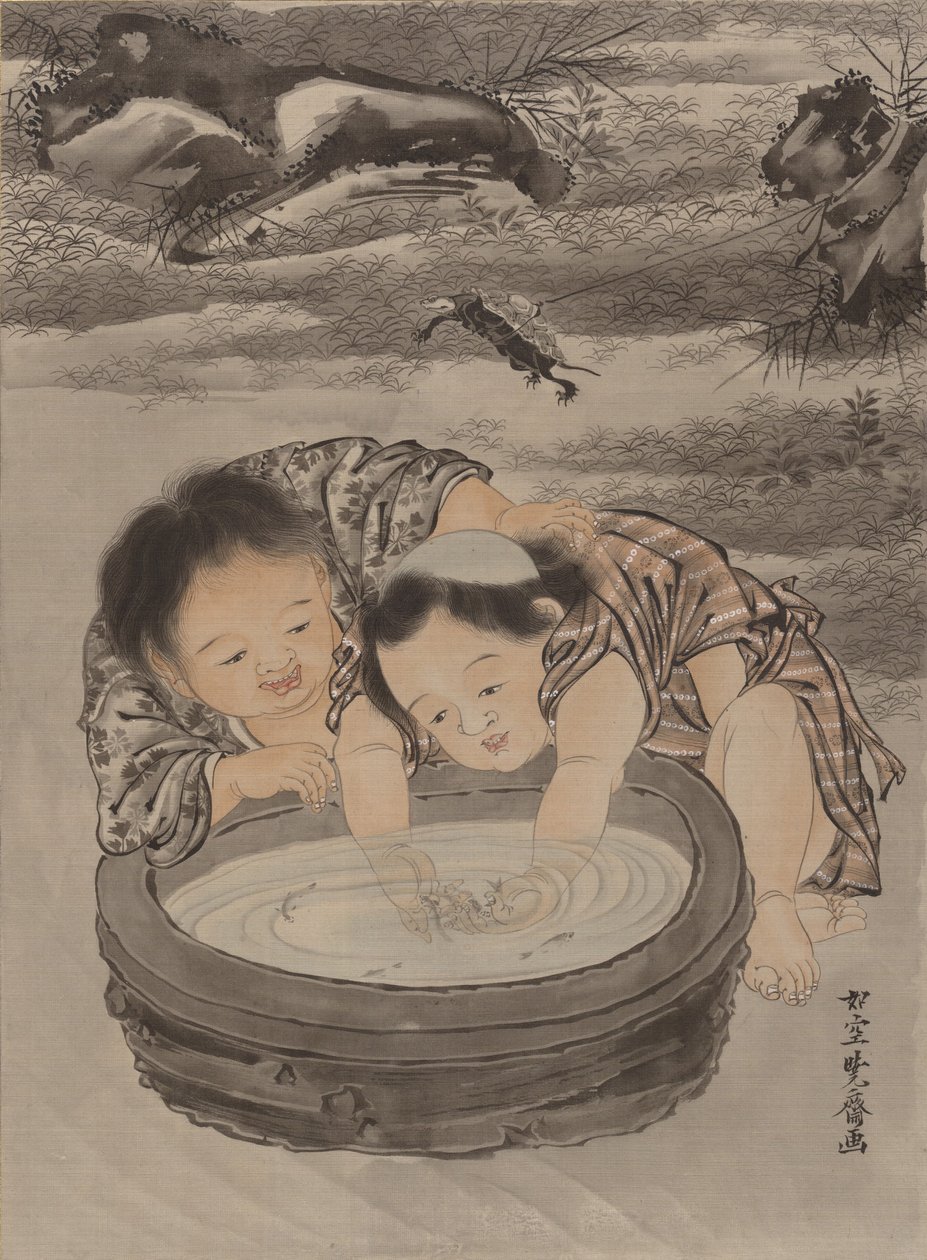 Duas crianças brincando com peixe dourado, ca. 1887 de Kawanabe Kyosai